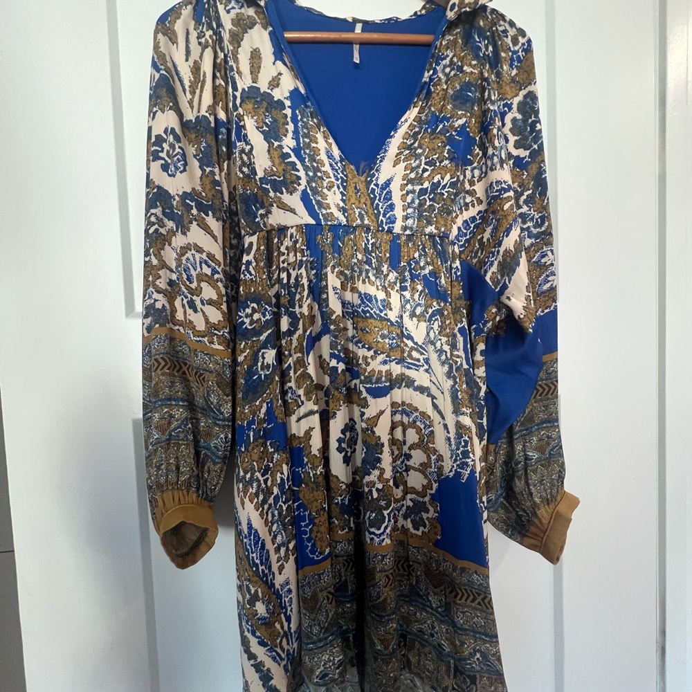 Free People Blue and Gold Patterned Women's Dress
